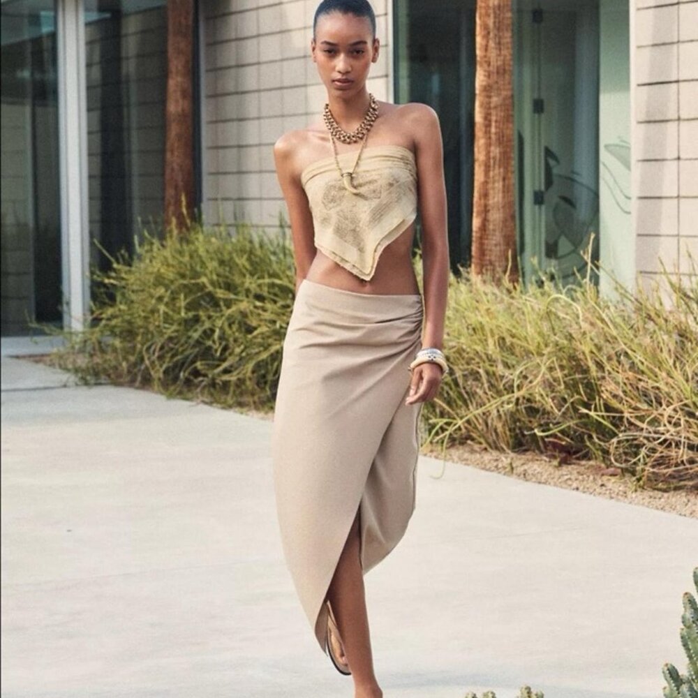 🌞 ZARA Khaki Cotton Midi Skirt with Side Ruching XS - Picture 2 of 10